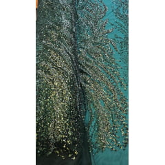 Tule Bordado com Pedrarias Premium Verde Floresta HT98091